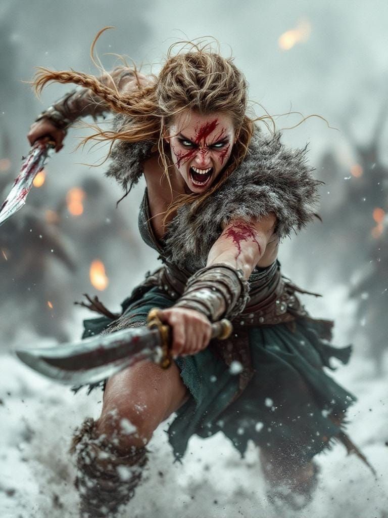 Fierce Highland Warrior Woman Leaps into Battle