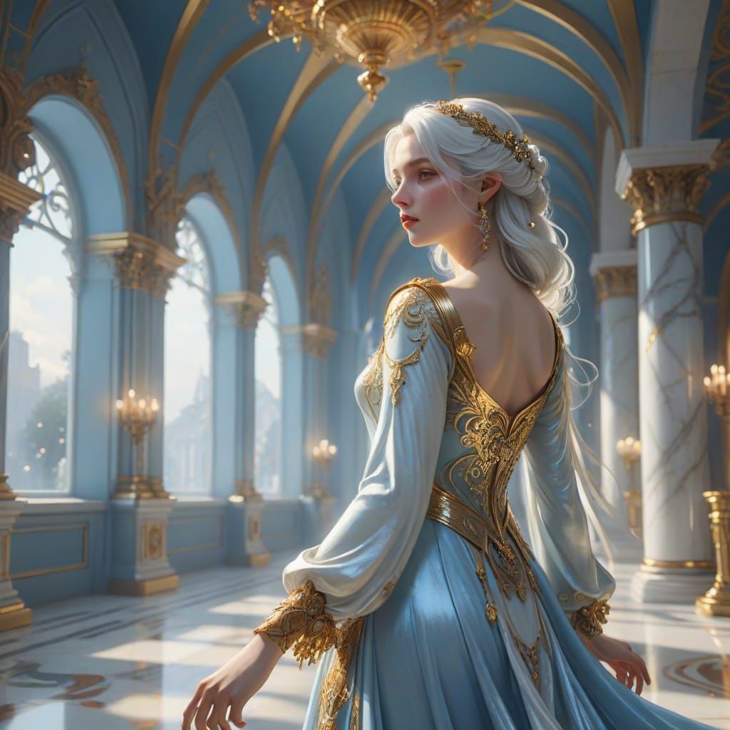 Elegant Fantasy Maiden in Regal White Marble Hall