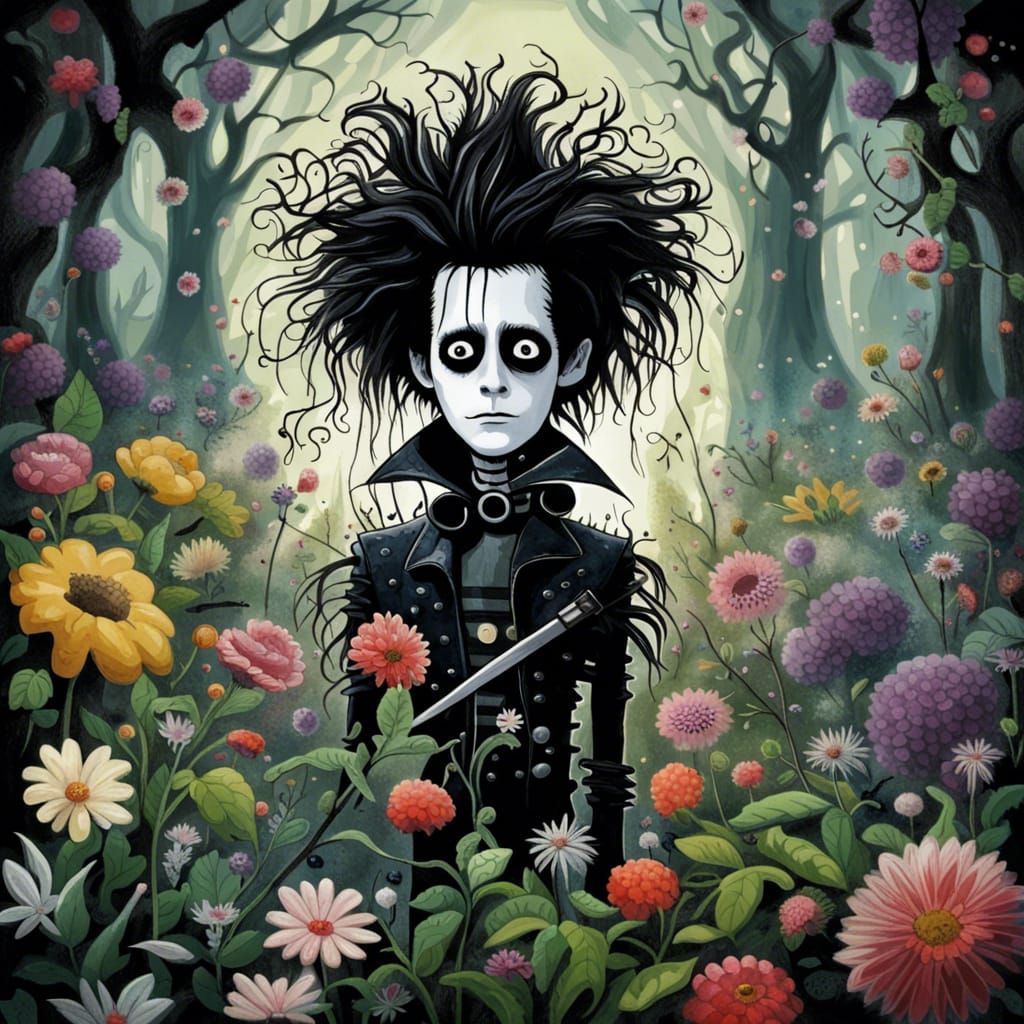 Edward Scissorhands in a Tim Burton Garden