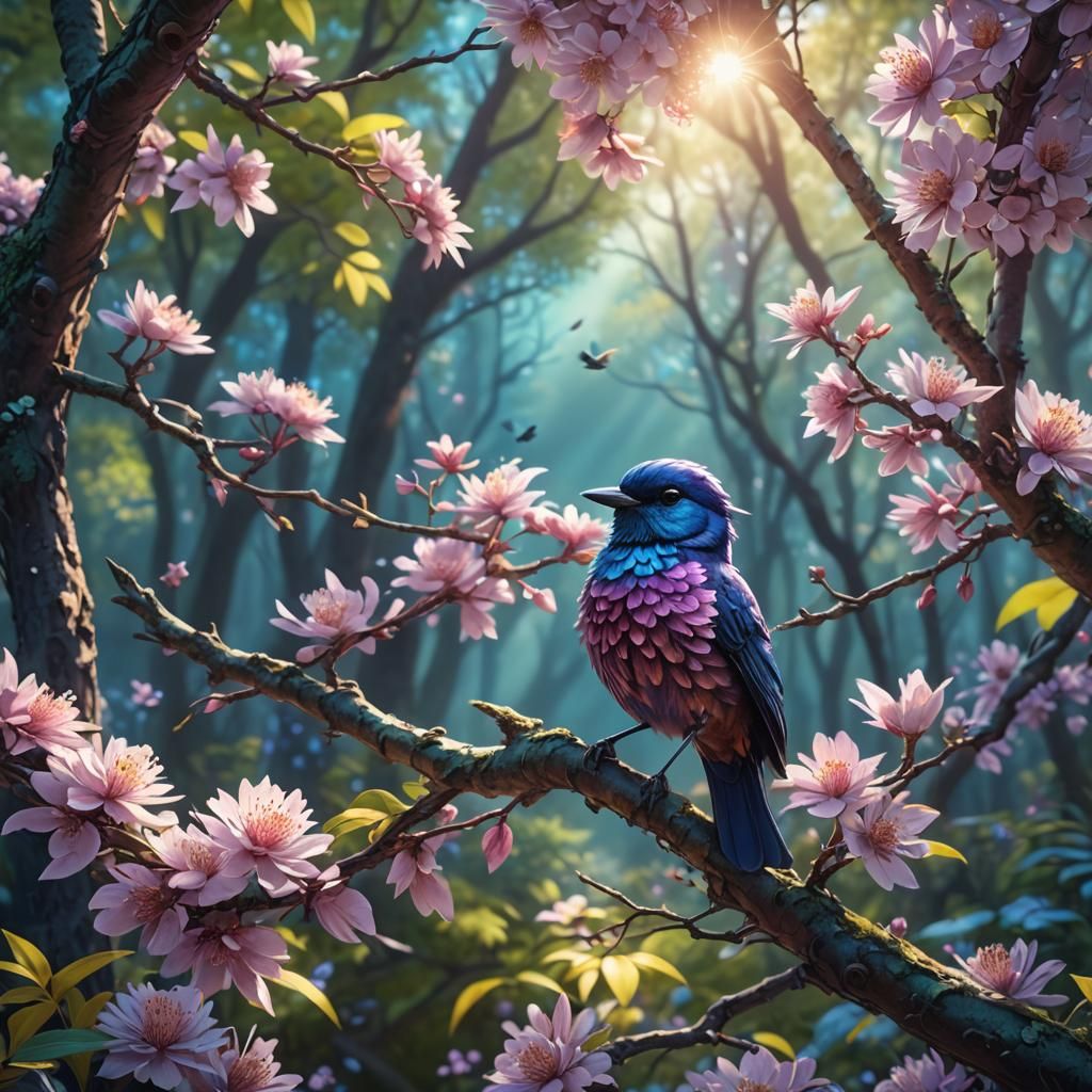 Blossom Bird Portrait in Fantastical Forest