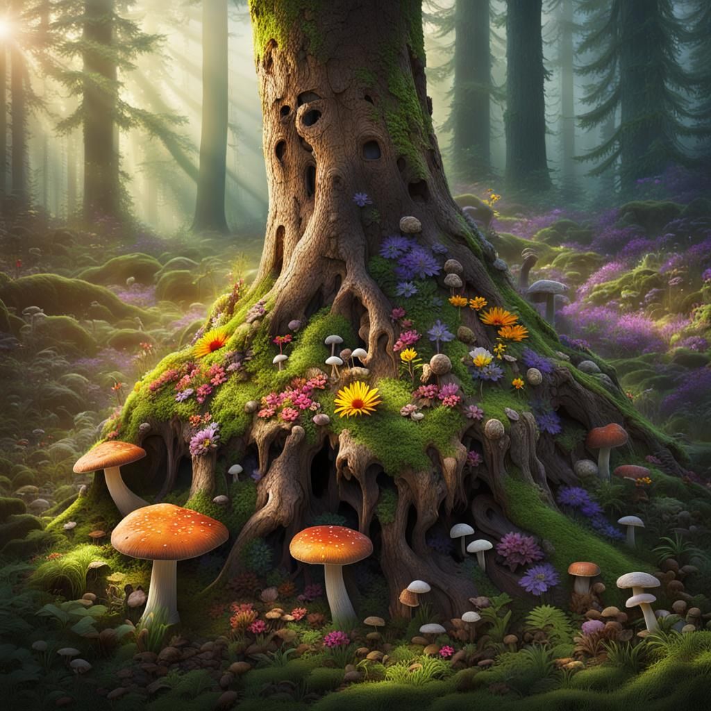 Colorful Forest Stump: A Detailed Matte Painting