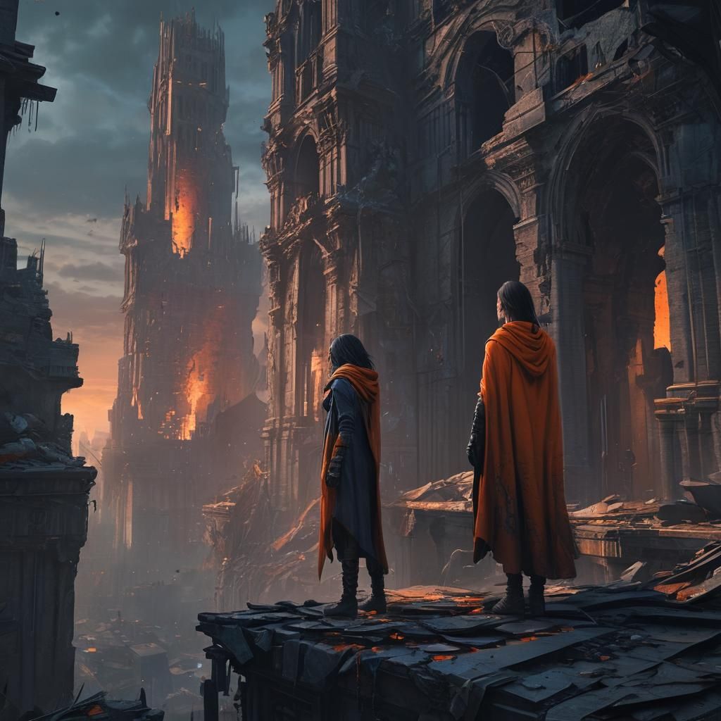 Lone Figure on Ruined Skyscraper: Fantasy Concept Art