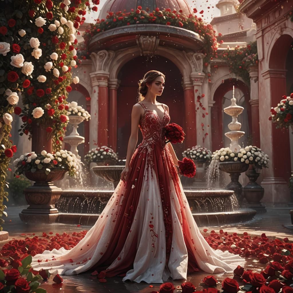 Bridal Concept Art: Red Dress, Fountain, Roses