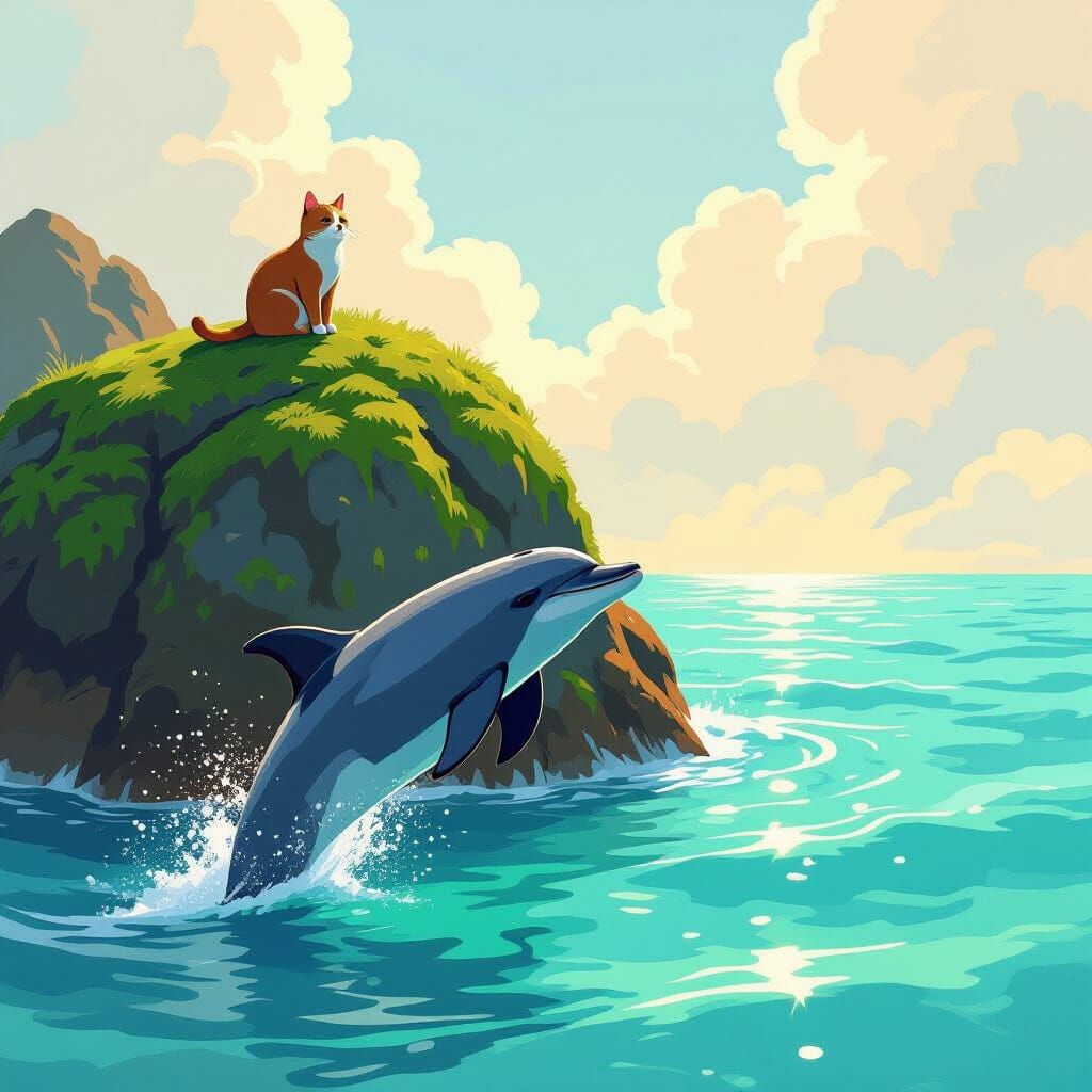 Dolphin Gazes at Cat on Mossy Rock in Warm Sunlight