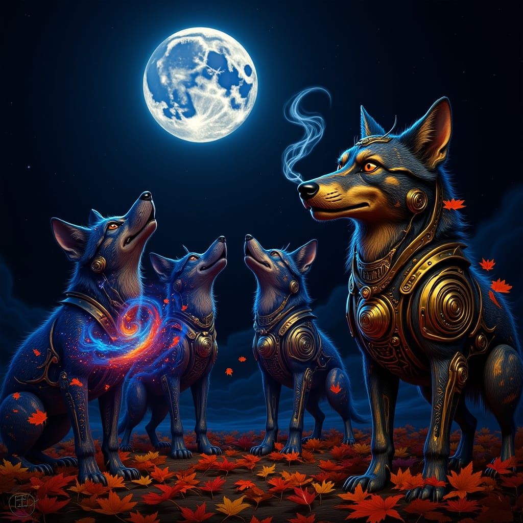 Constellation Wolves Howling at Nebula Moon in Digital Paint...