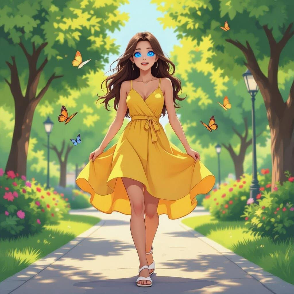 Young Woman Enjoys Sunny Park Day in Anime Style