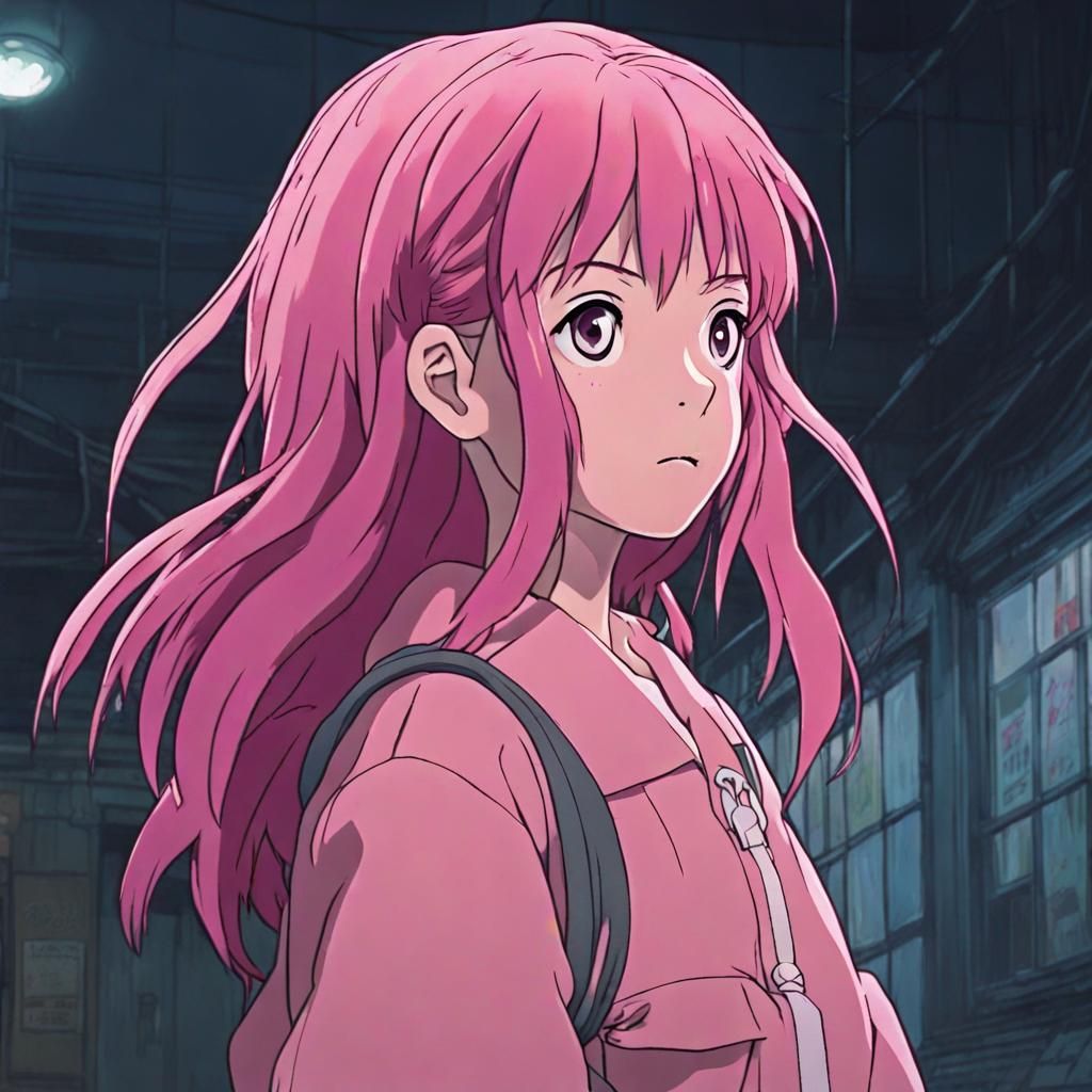 Cute Scary Pink-Haired Anime Girl in Ghibli Style