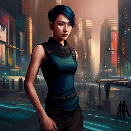 Androgynous Asian Woman in Cyberpunk Grunge Style