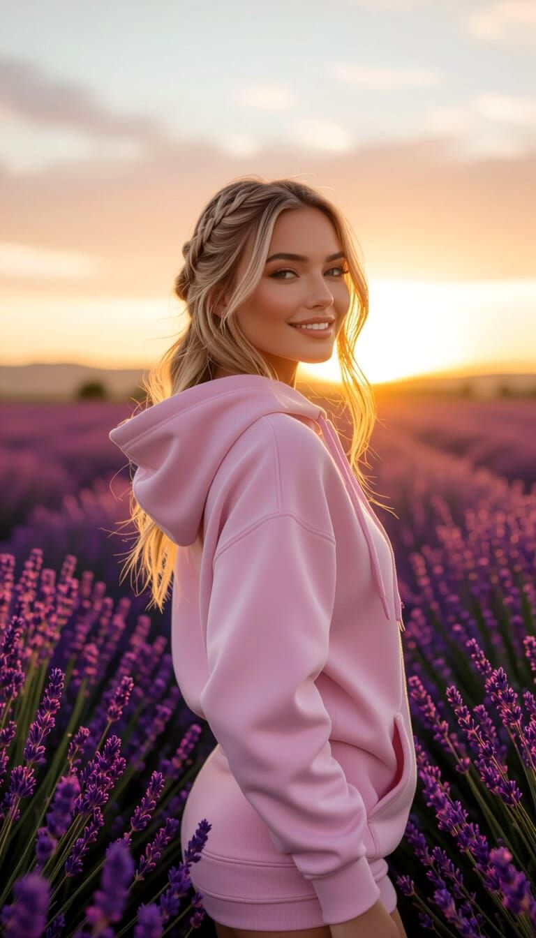 Woman Smiling in Lavender Field at Sunset