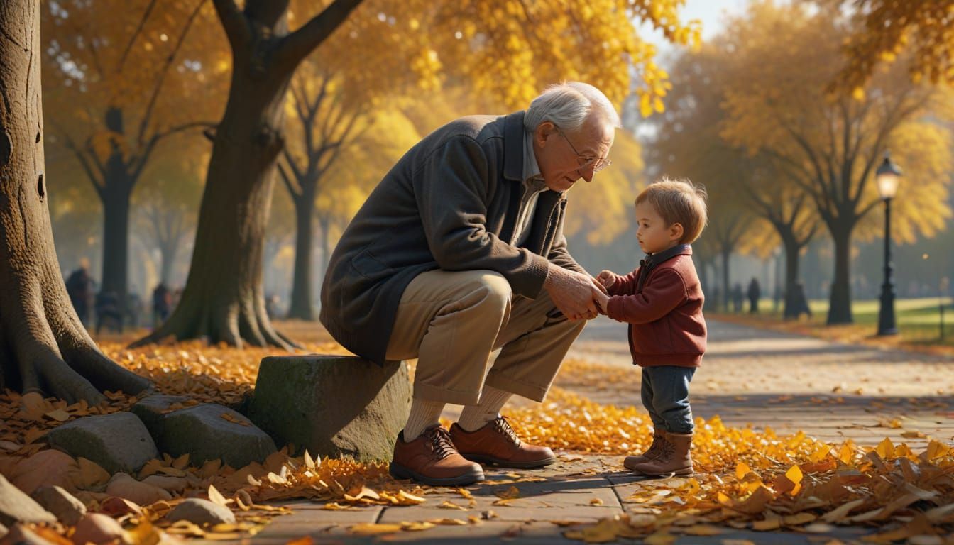 Elderly Man Helps Child Tie Shoelaces in Autumn Park