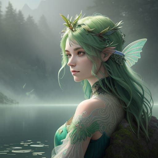Serene Green Faerie Portrait in Hyper-Realistic Digital Art