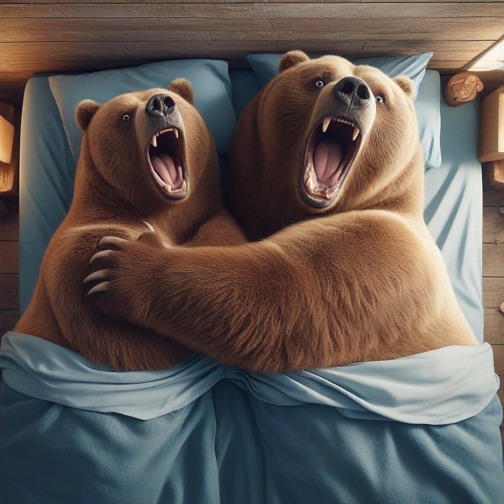 Two Giant Kodiak Bears Hug in Bed, Filled with Horror and Fe...