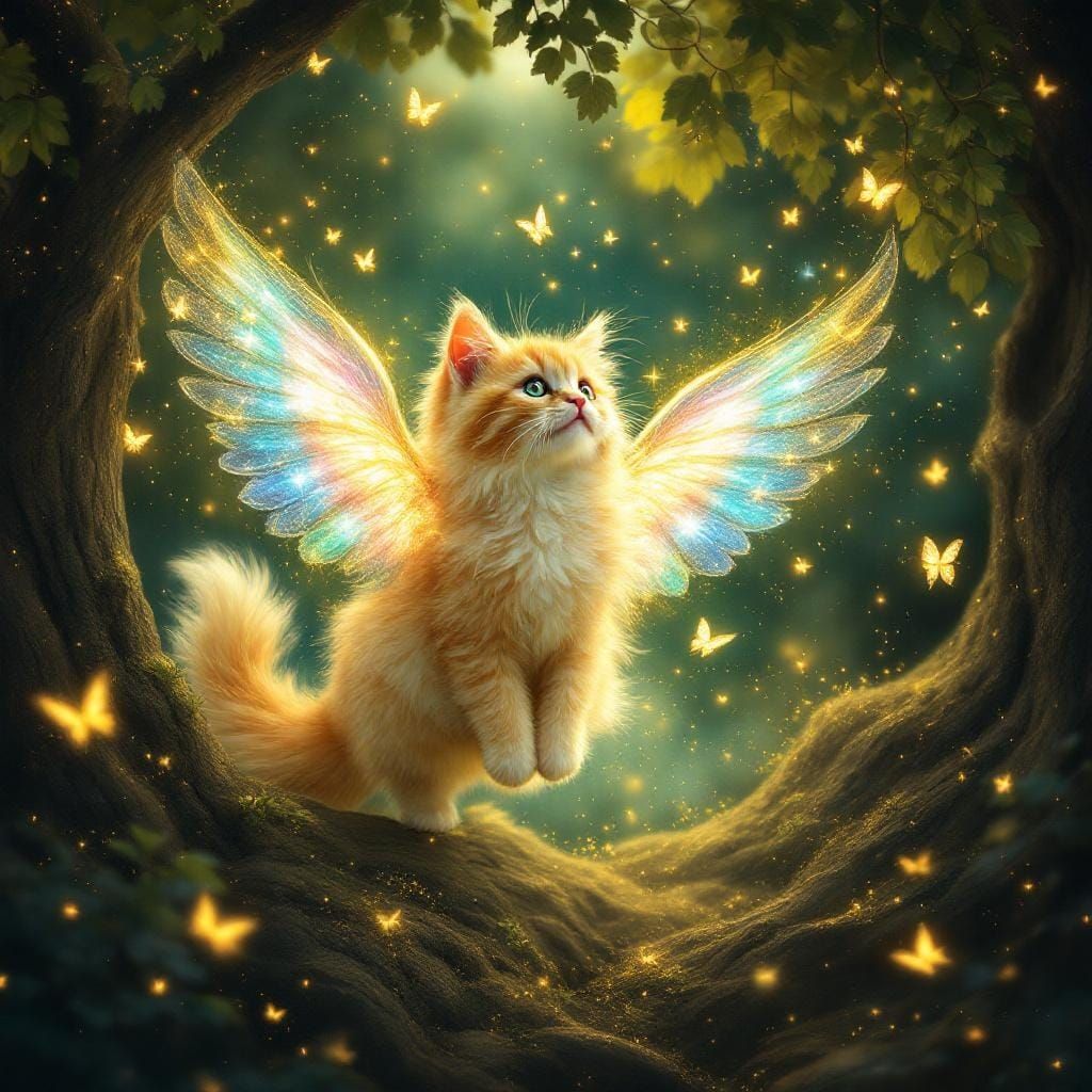 Golden Cat with Starlight Wings Descending