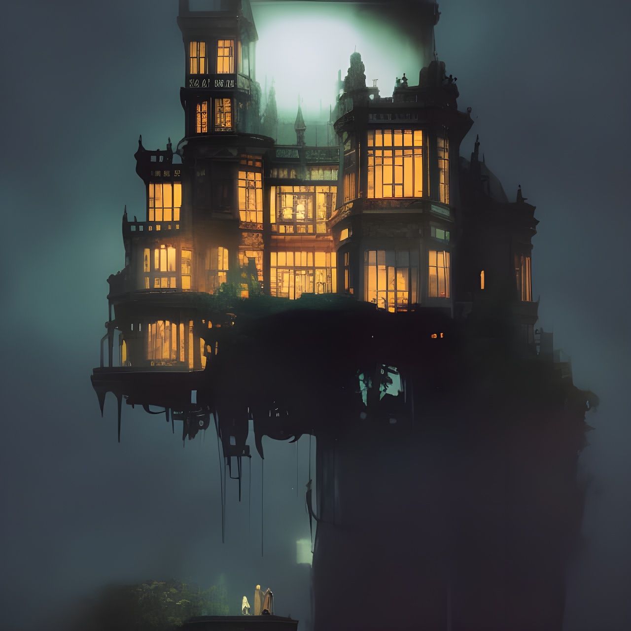 Stormy Victorian Mansion on Cliff, Detailed Digital Art