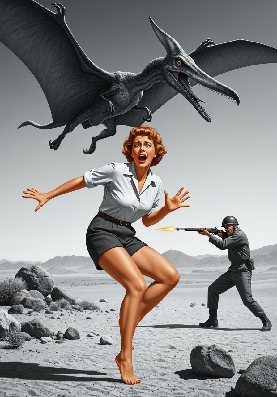 Pterodactyl Attack in 1950s Film Noir Style