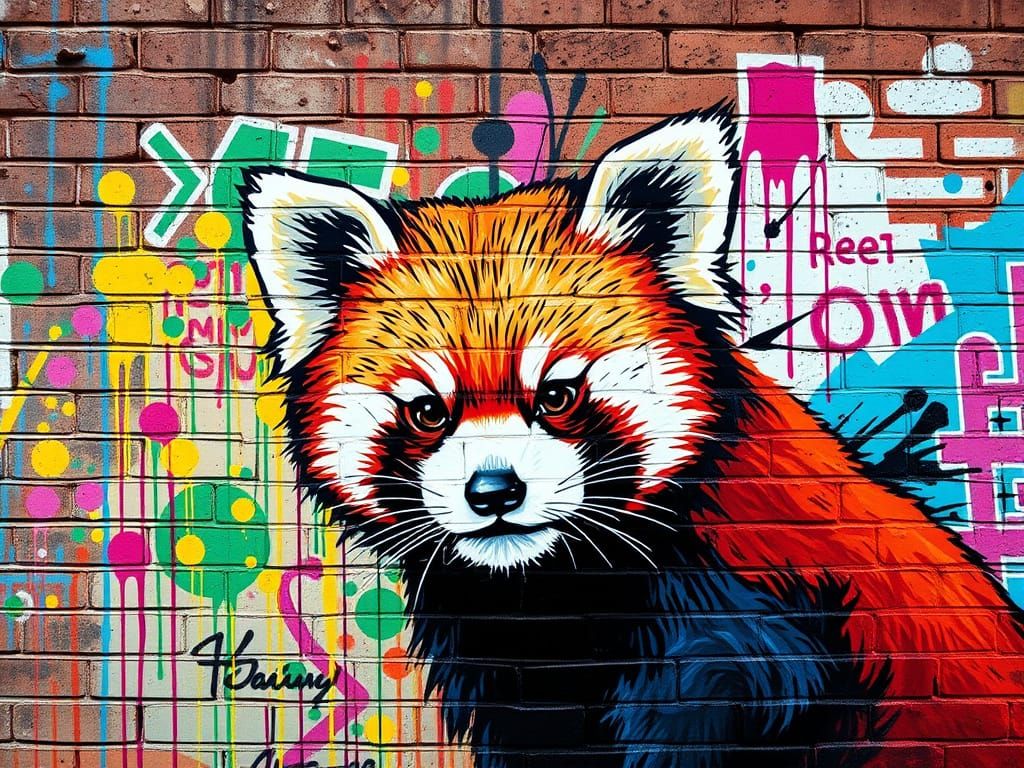 Red Panda Street Art Mural with Graffiti Style