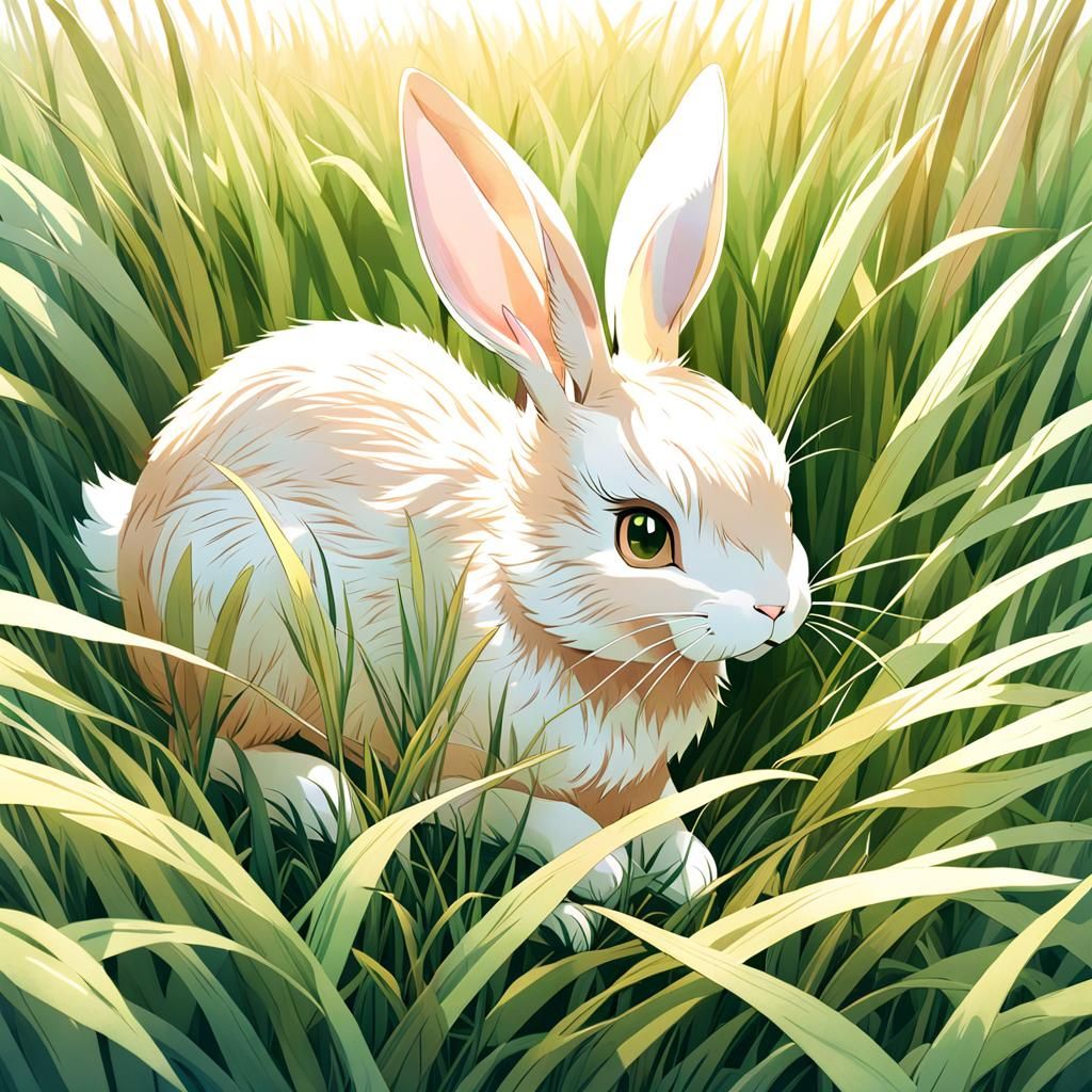 Anime Art Wood Carved Rabbit in Field