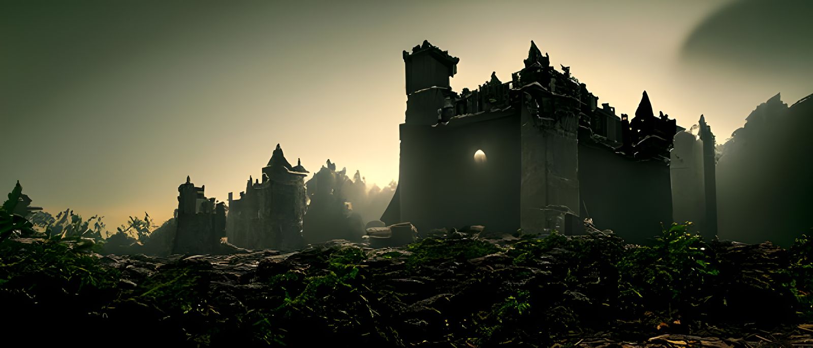 Mysterious Dark Castle on Abandoned Lands in Moonlight
