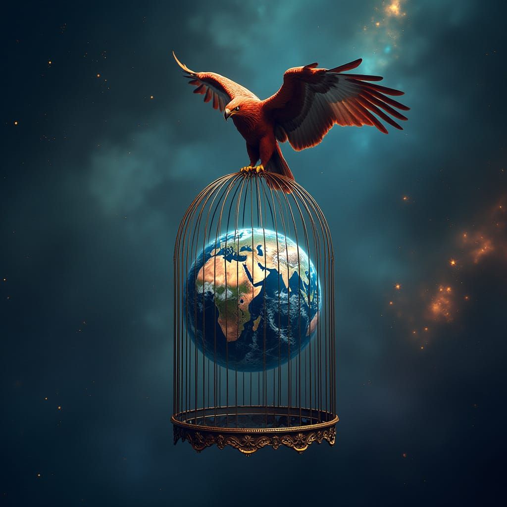 Planet Earth in Bird Cage Overlooked by Giant Red Hawk