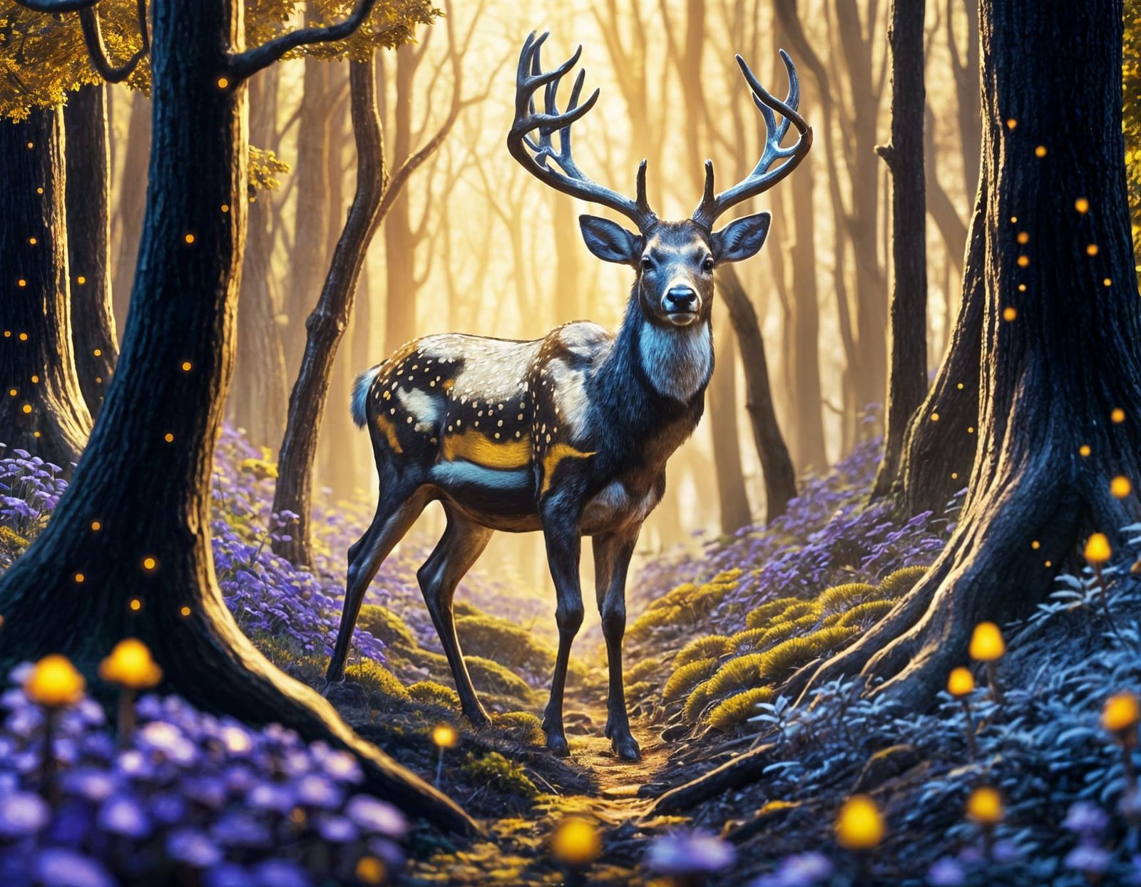 a deer with antlers walking in the forest where there are a ...