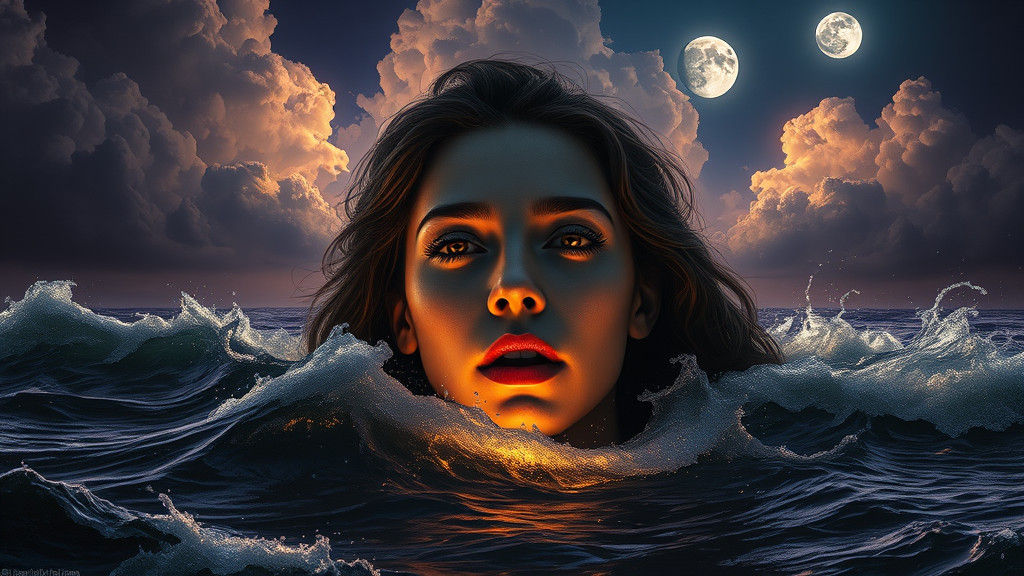 Woman's Face Emerges from Stormy Sea
