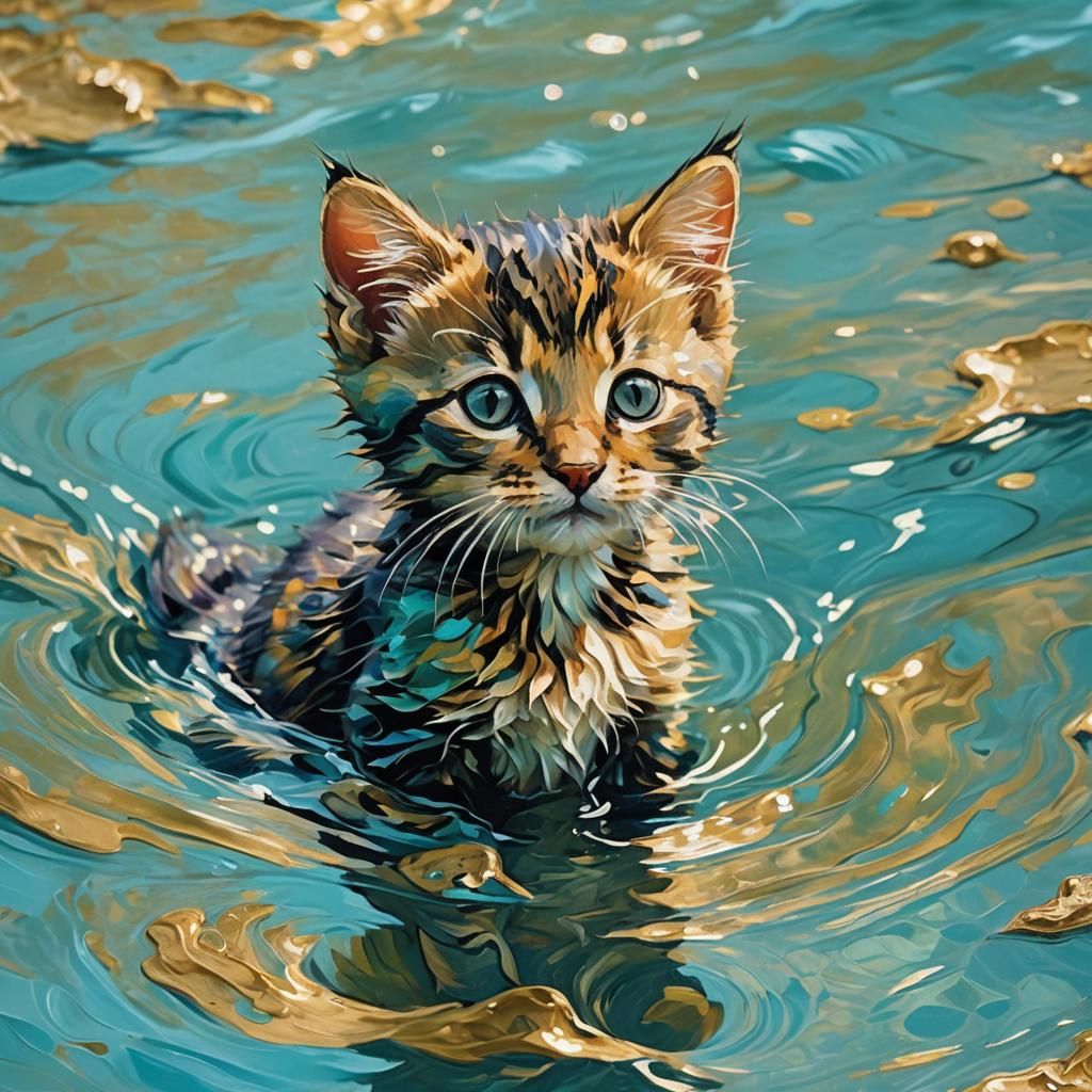 Water Kitten in Neo-Impressionist Impasto Oil Painting