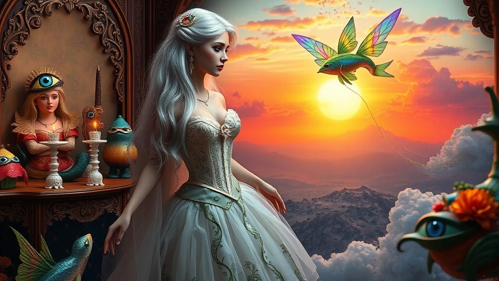 Elegant Slavic Woman in Baroque Dollhouse with Mythical Crea...