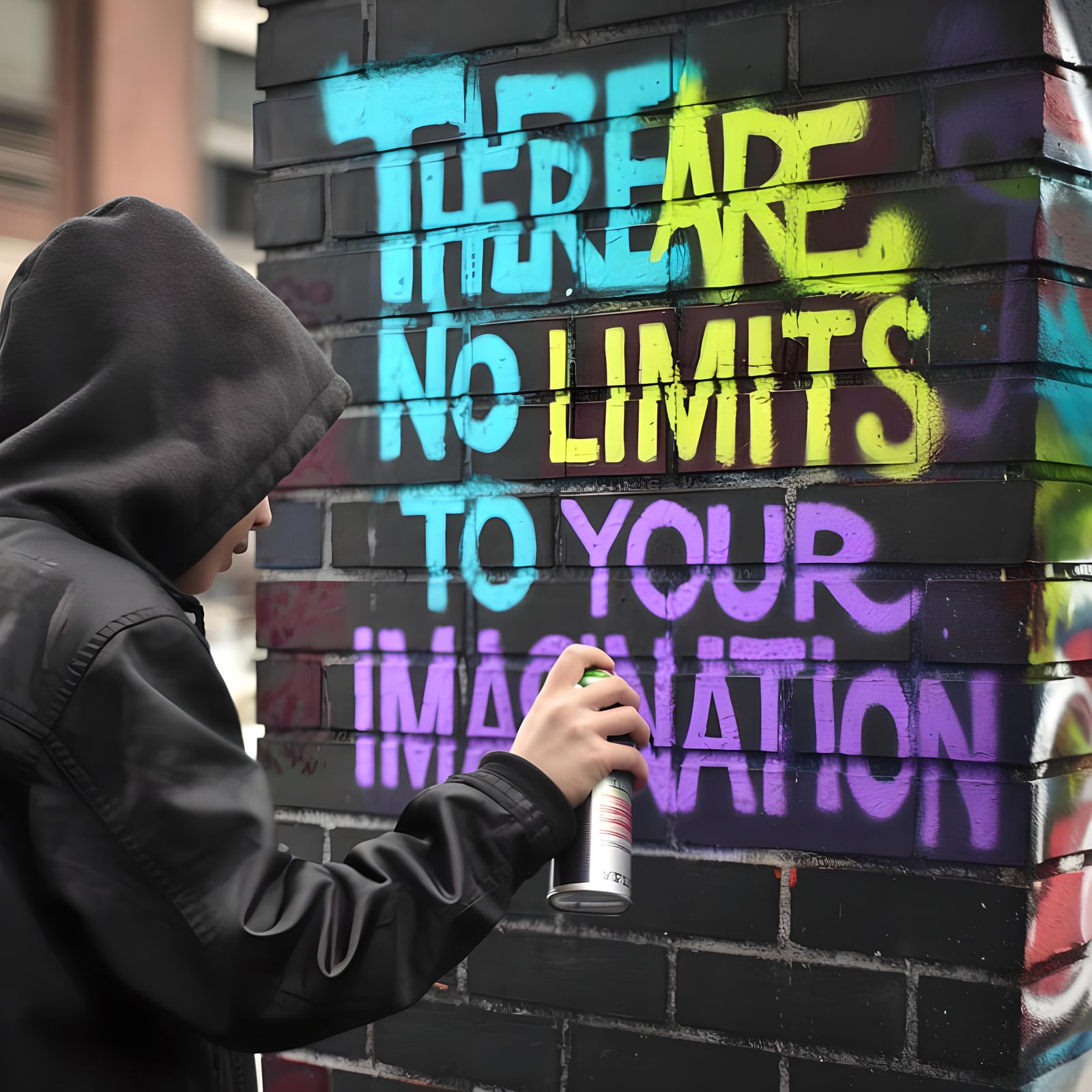 Hooded Boy Sprays Graffiti Art on Brick Wall