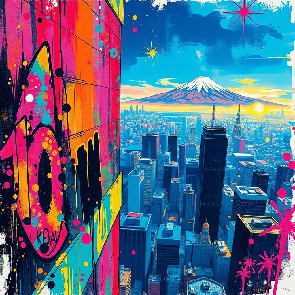 Tokyo Skyscraper View: Graffiti Art Style
