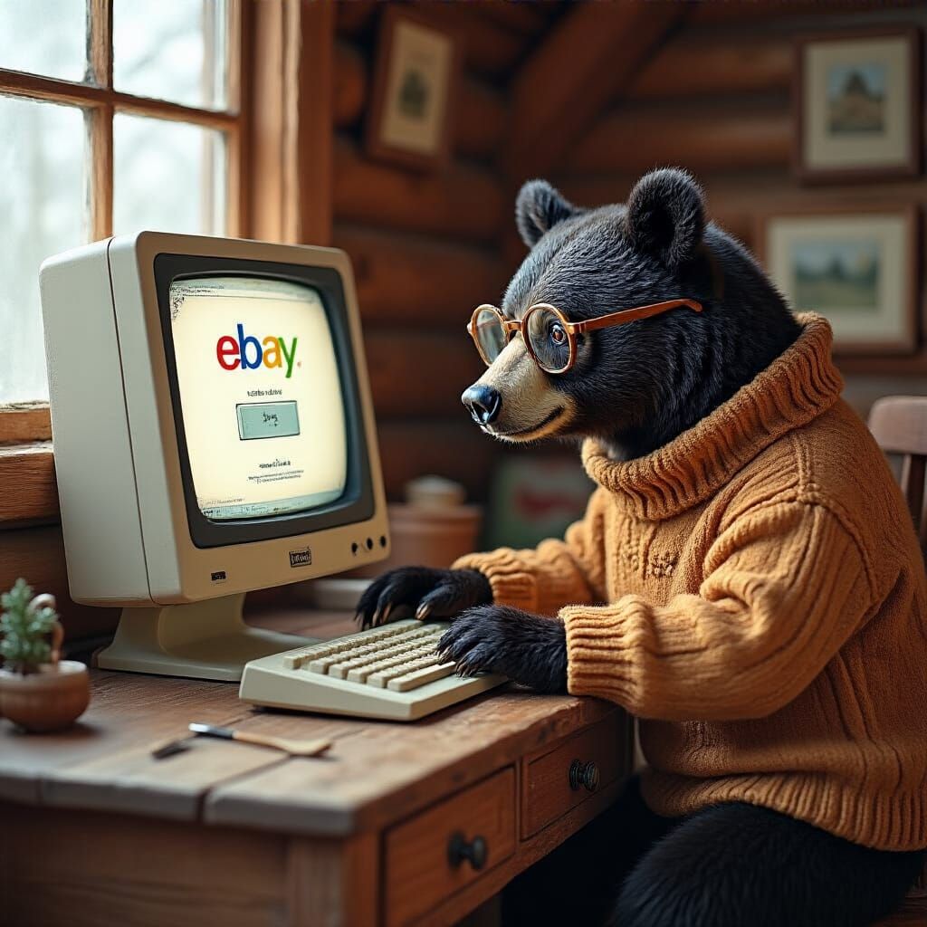 Bear Browsing eBay for Camera, Whimsical Illustration