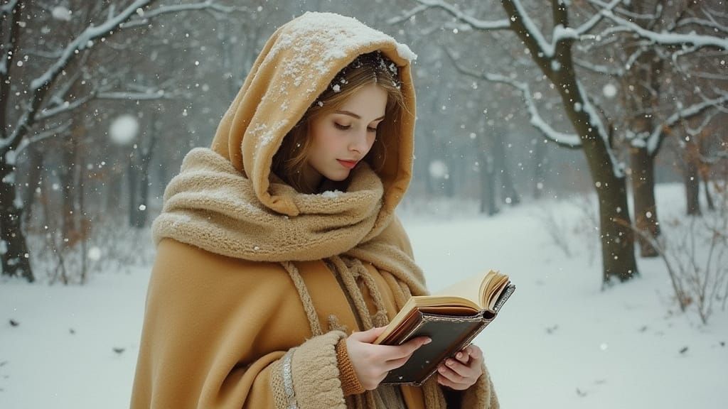 Woman Reading Winter Poem in Botticelli Style