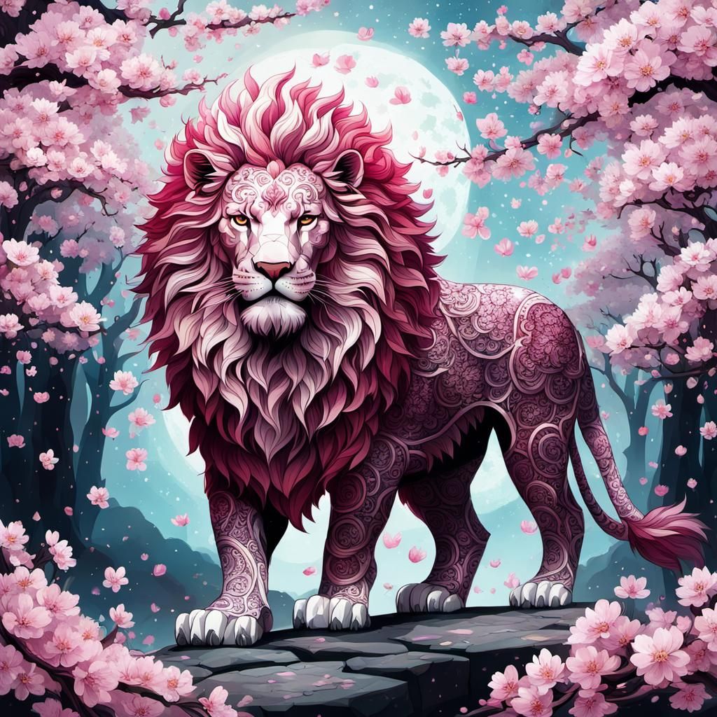 Cherry Blossom Lion in a Splash Art Style