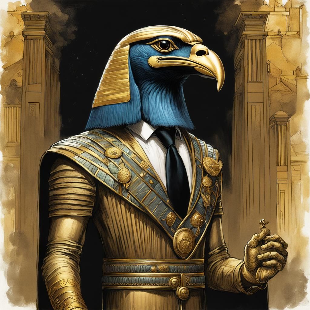 Hyperrealistic Horus in Concert Hall, Enki Bilal Style