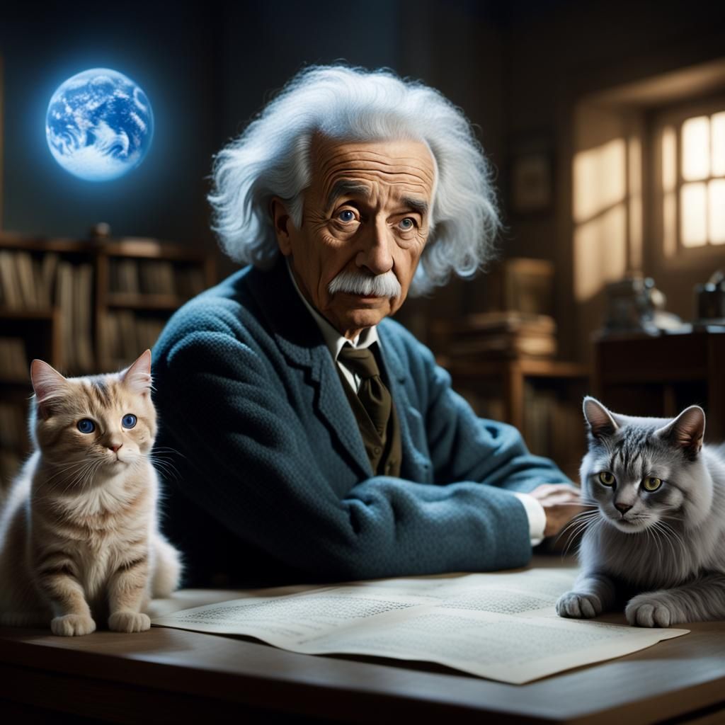 Einstein and Schrödinger's Cat: Cinematic Still