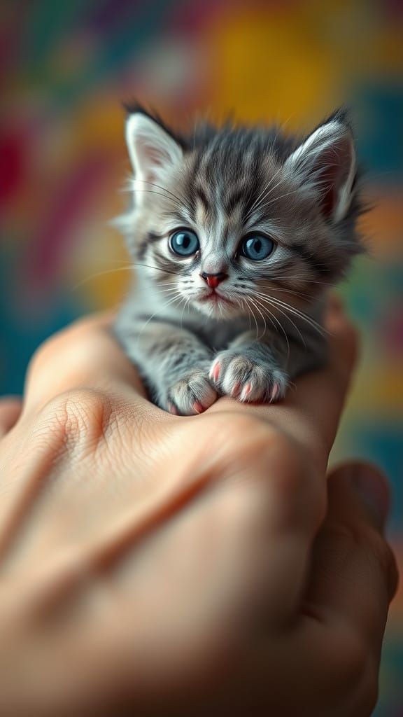Tiny Kitten Perched on Human Thumb in Vivid Studio Lighting