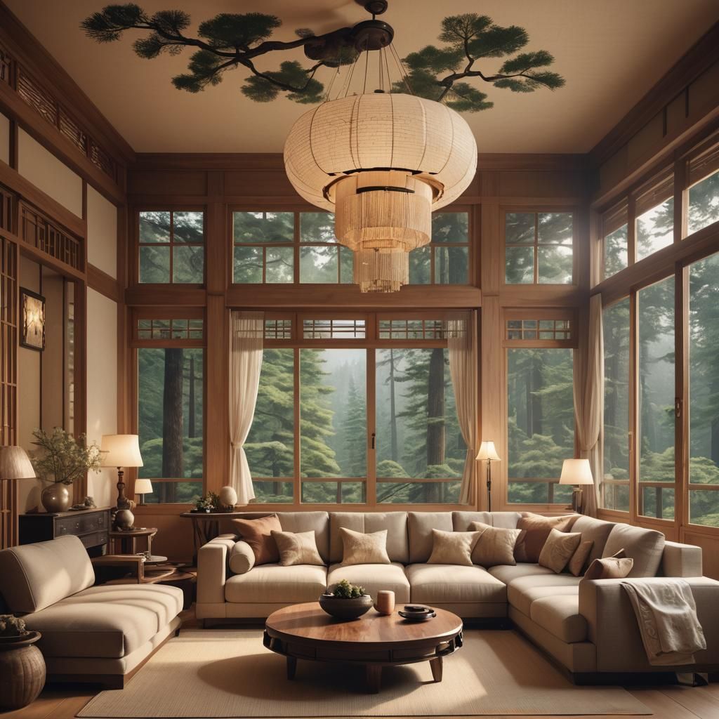 Serene Japanese Living Room Overlooking Pine Forest