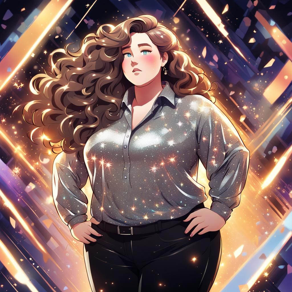 Confident Plus-Sized Girl in Dynamic Anime Style