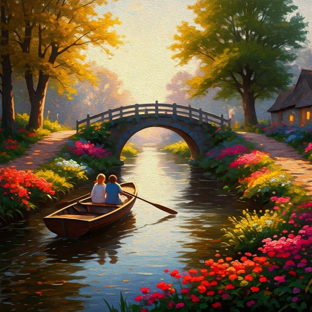 Romantic Couple on River in Impressionistic Painting