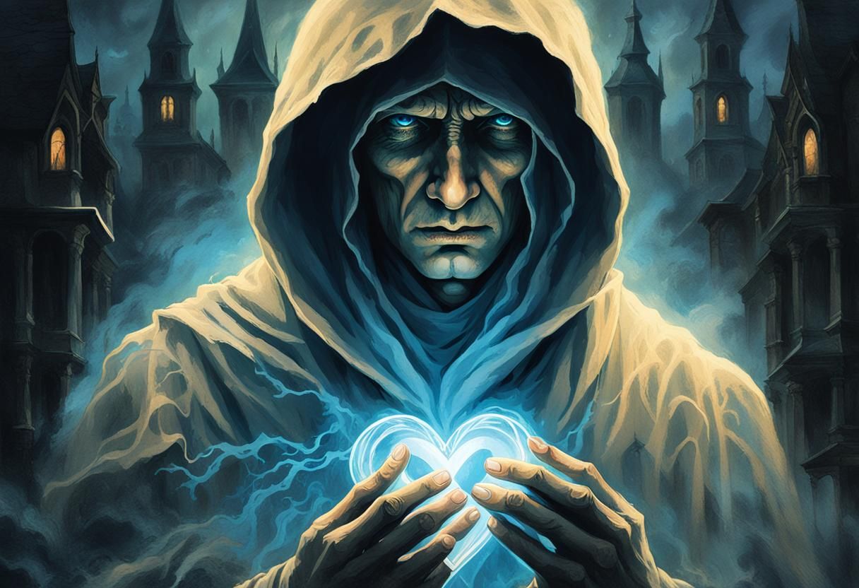 Hooded Figure with Glowing Heart: Dark Fantasy Art