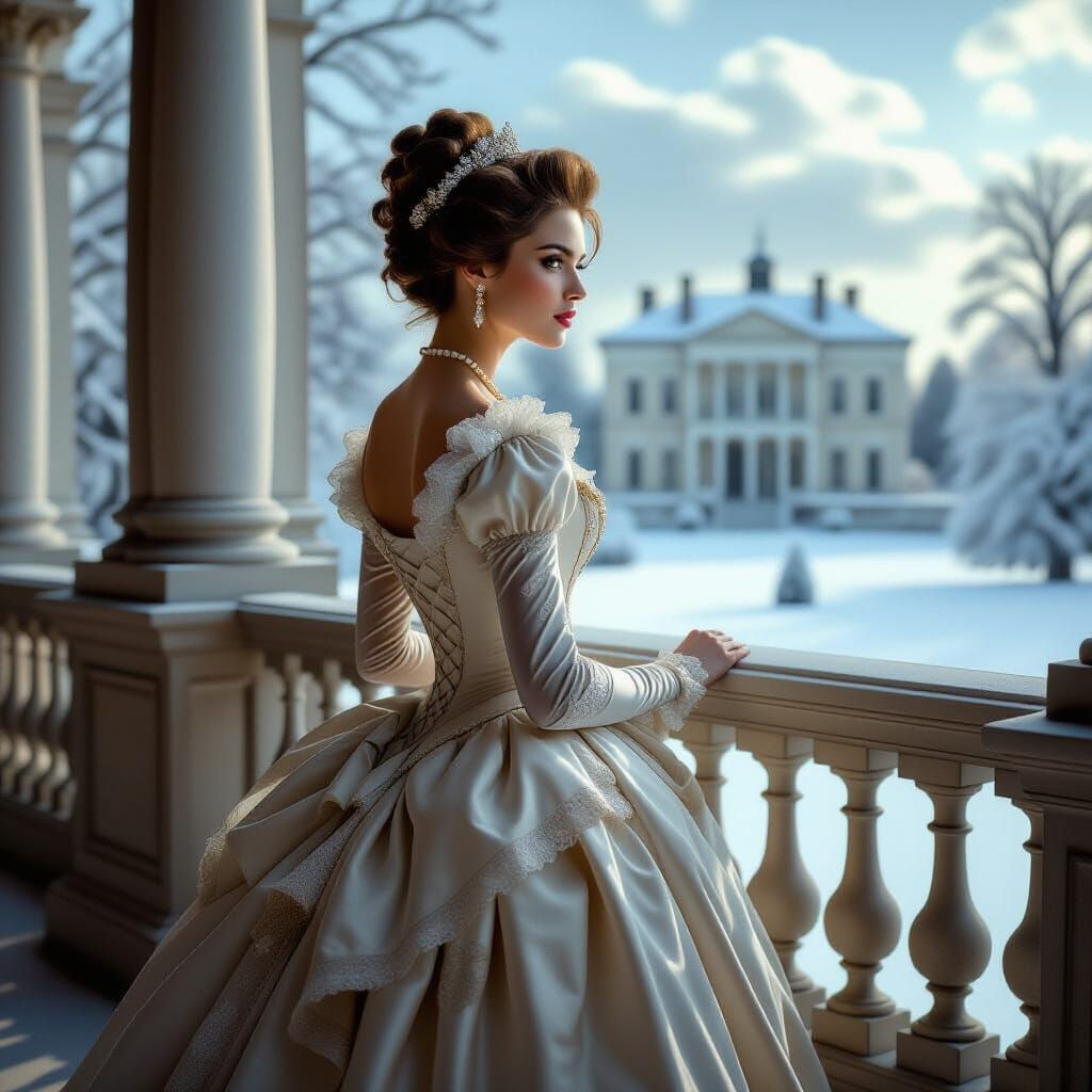Regal Woman in 18th Century Gown on Balcony