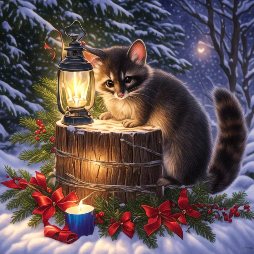 Festive Christmas Scene with Mice and Raccoons