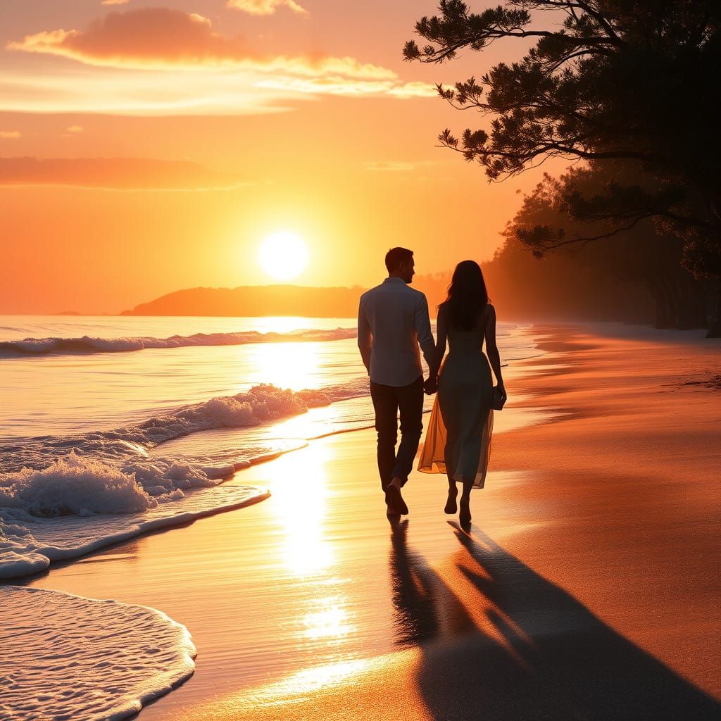 Romantic Sunset Stroll by Tranquil Coastline