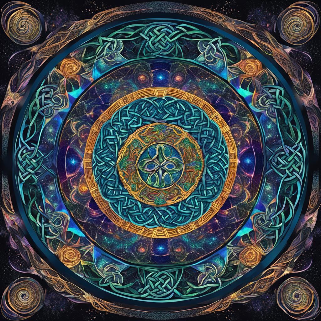 Cosmic Celtic Hologram in Intricate Round Kaleidoscope