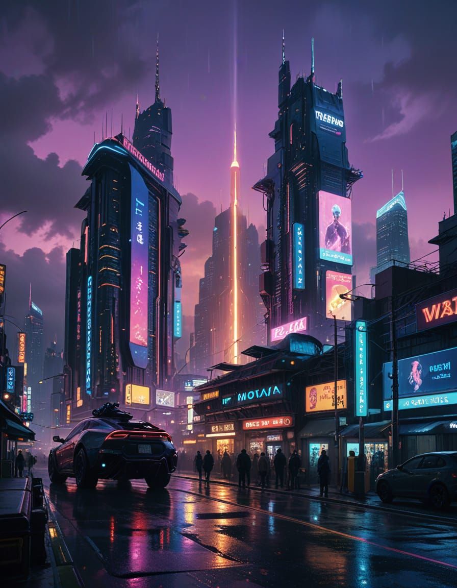 Cyberpunk Cityscape at Night with Neon Lights and Flying Car...