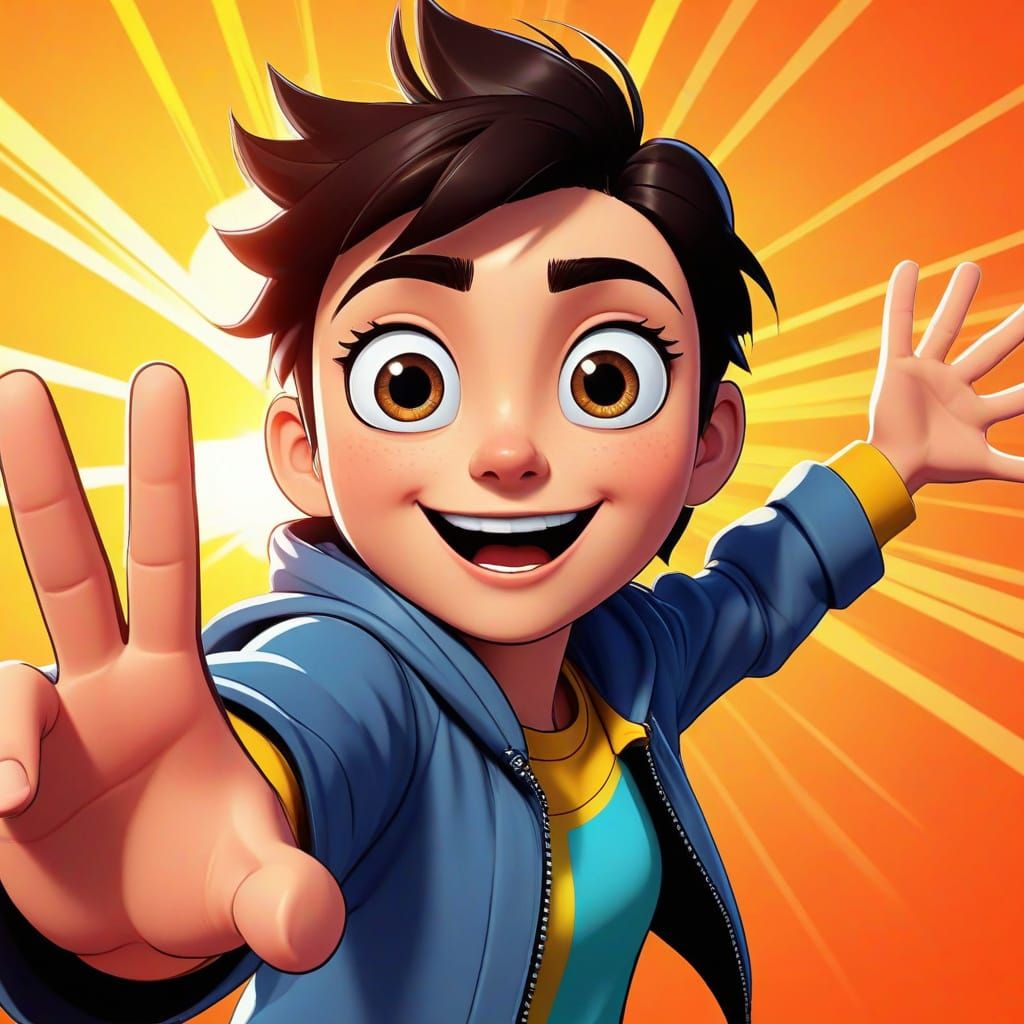Energetic Cartoon Character Waving in Pixar Style