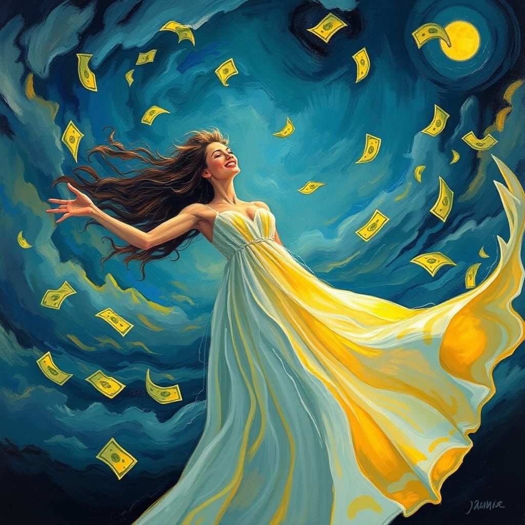 Радісна жінка на яку падають долари з неба Josephine Wall yellow and blue lyrical abstraction moonscape twilight thunder...