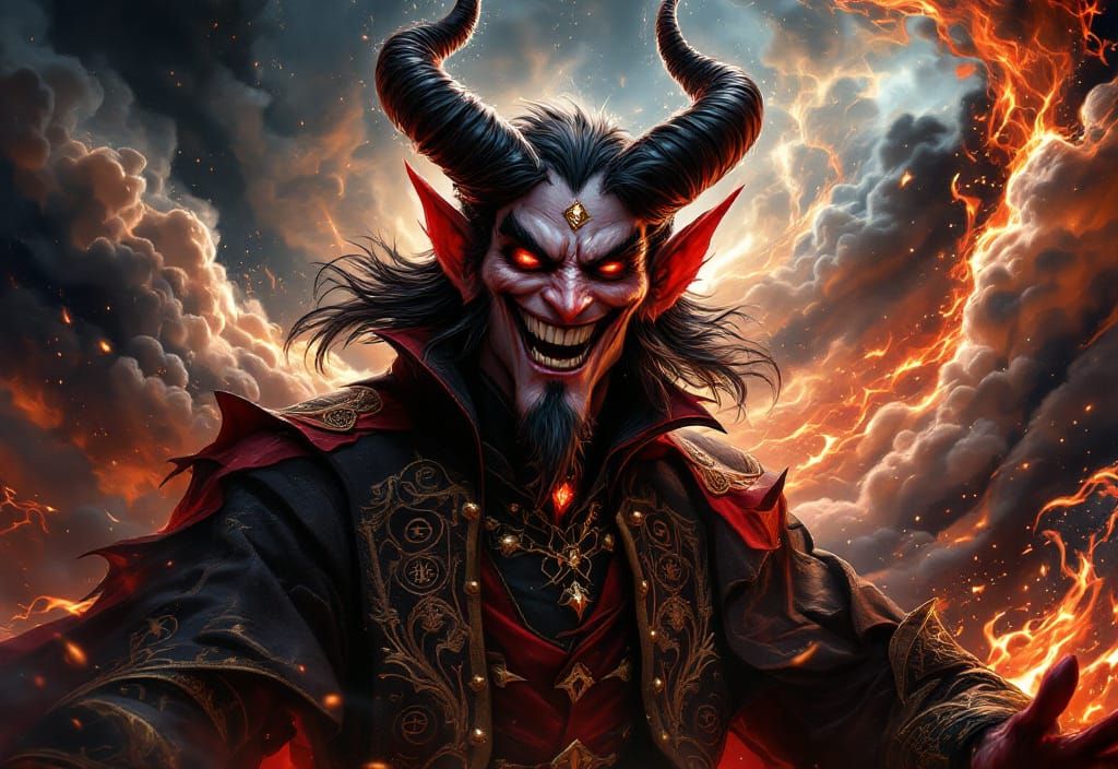 Whimsical Devil's Sly Grin in Dark Fantasy Style