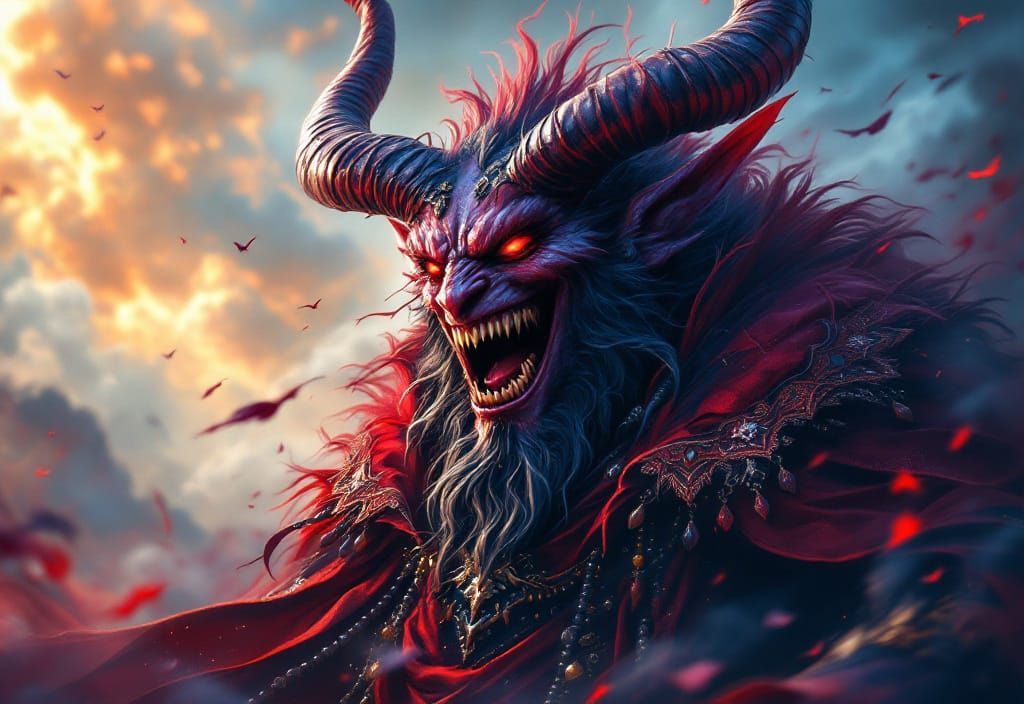 Majestic Devil Laughing in a Whimsical Landscape