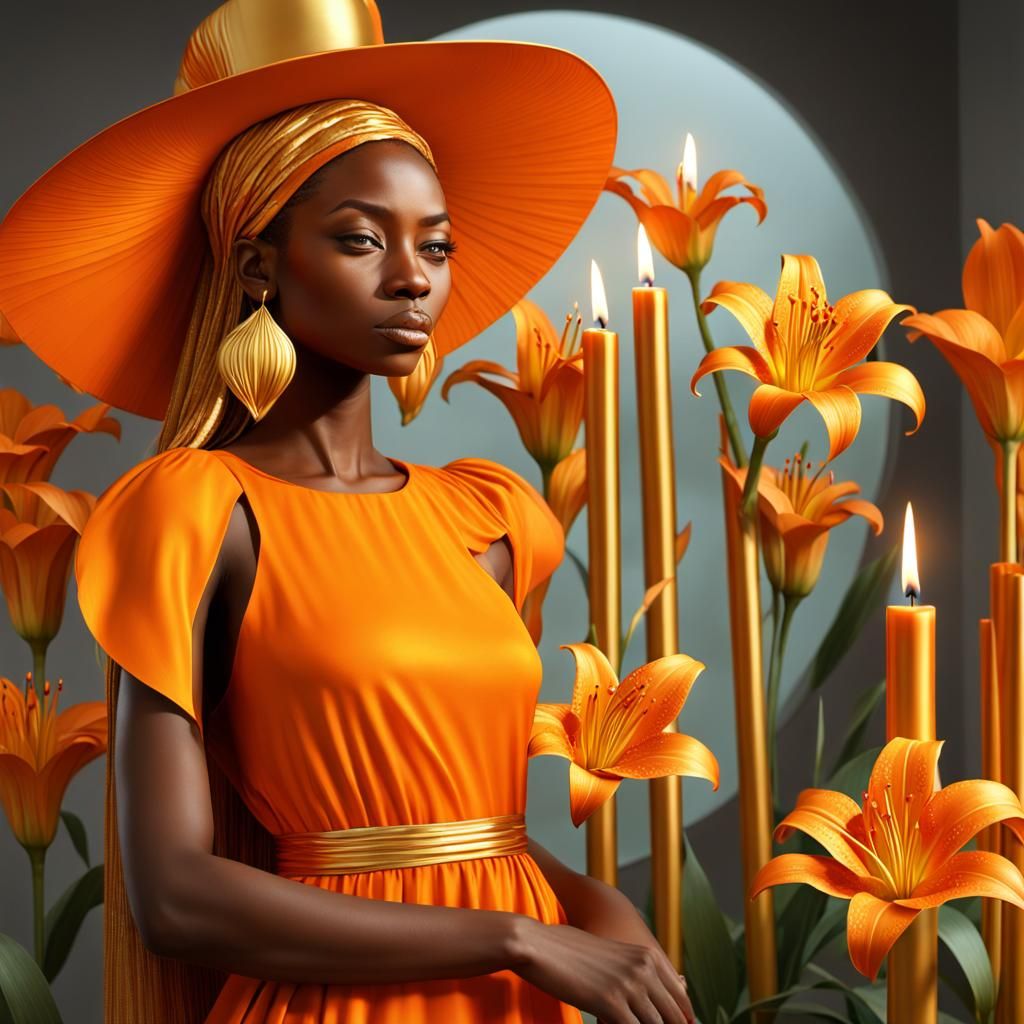 Golden Woman with Lilies: Hyperrealistic 3D Rendering