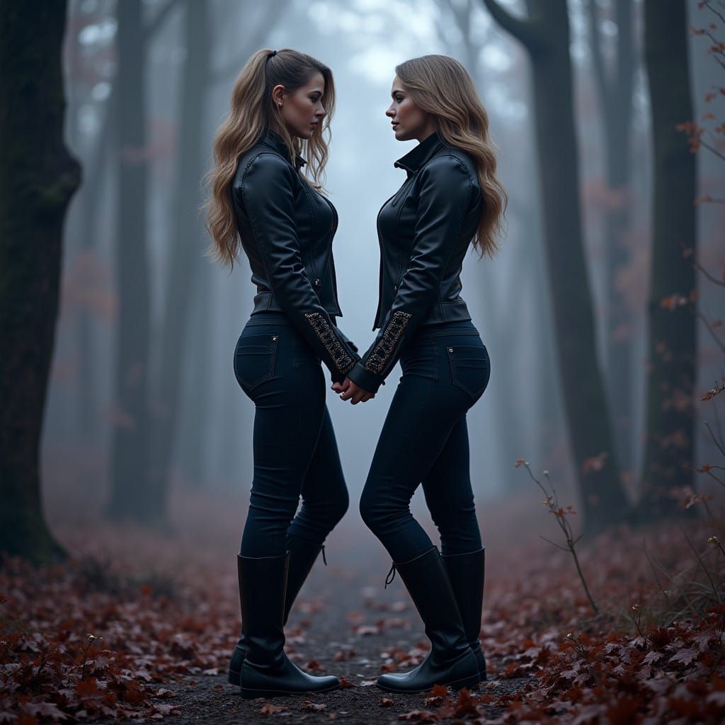 Mysterious Duo in Black Leather, Hands Clasped in an Etherea...